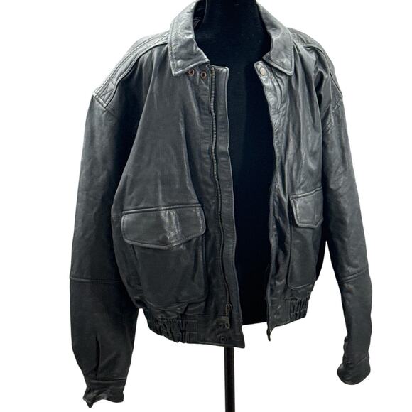 Vintage Y2K Men's Black Leather Aviator Jacket Large - Picture 1 of 7